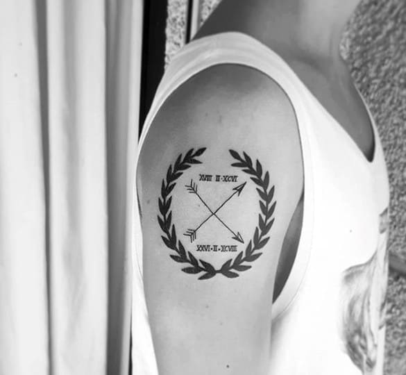Guys Laurel Wreath With Arrows Arm Tattoo