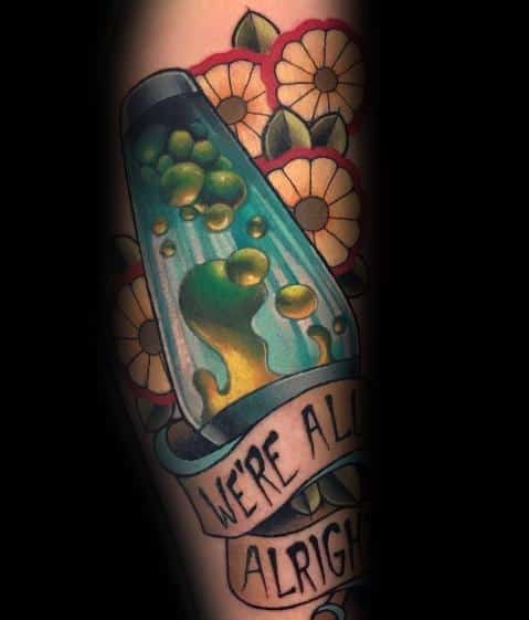 Lava lamp tattoo with green wax, floral details, and "We're All Alright" banner, ideal for meaningful men's tattoo ideas.