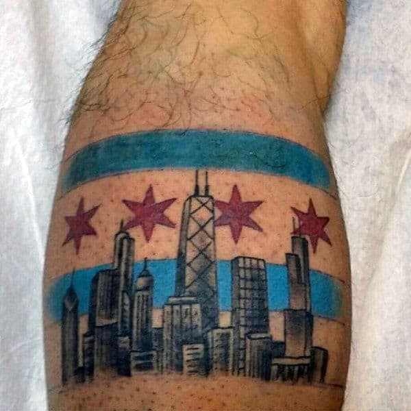 Guys Leg Calf City Skyline Chicago Flag Tattoo