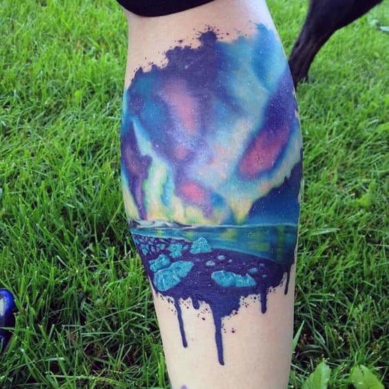 Guys Leg Calf Northern Lights Watercolor Tattoos