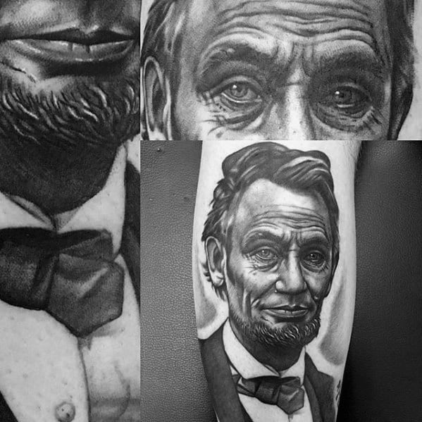 Black and white tattoos of Abraham Lincoln with a beard and bowtie