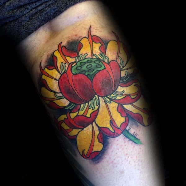 Guys Leg Calf Red And Yellow Lotus Flower Tattoo