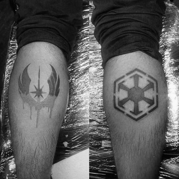 Matching calf tattoos featuring a dripping Jedi Order symbol on one leg and a detailed Sith Empire symbol on the other in black ink.