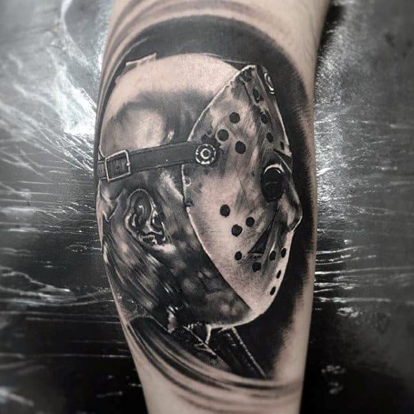 Guys Leg Calf Tattoos With Jason Mask Design