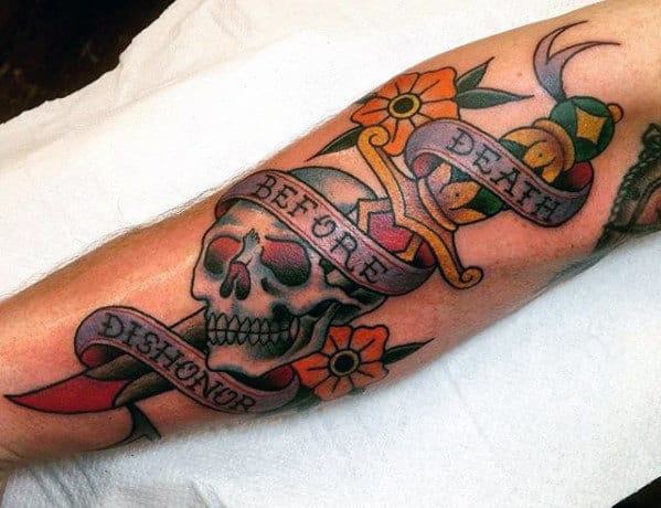 Guys Leg Death Before Dishonor Skull Dagger Old School Tattoo Ideas