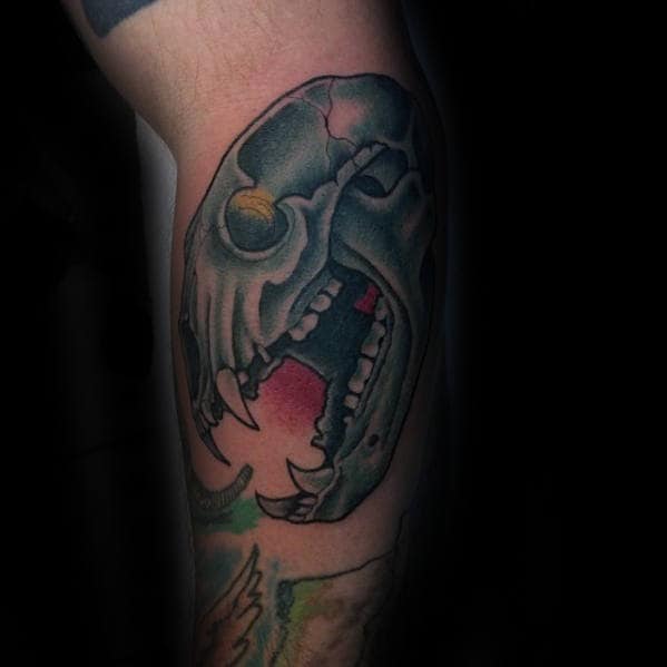 Guys Leg Retro Bear Skull Tattoos