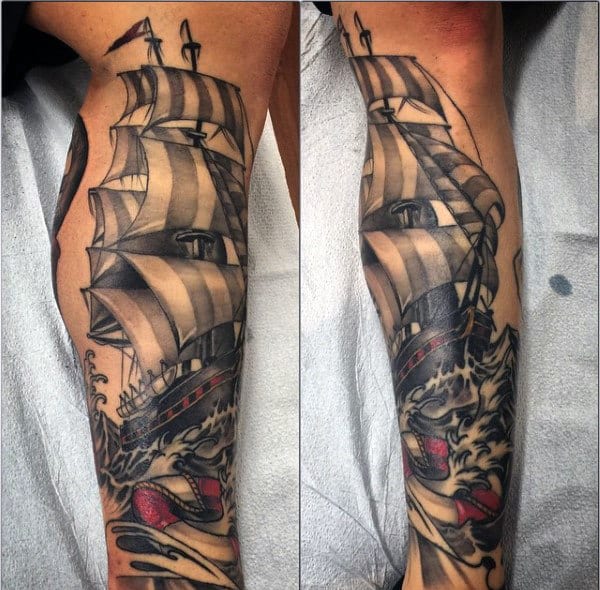 Guys Leg Sailor Sleeve Tattoo