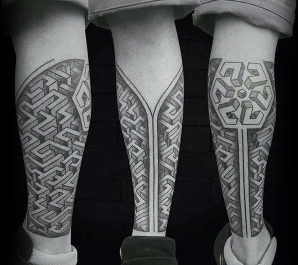 Guys Leg Sleeve Geometric Maze Tattoo Design Ideas