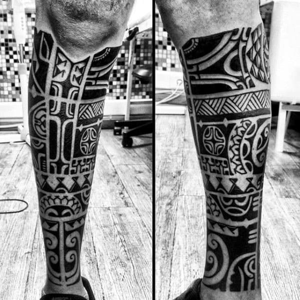 Guys Leg Sleeve Polynesian Tribal Tattoo