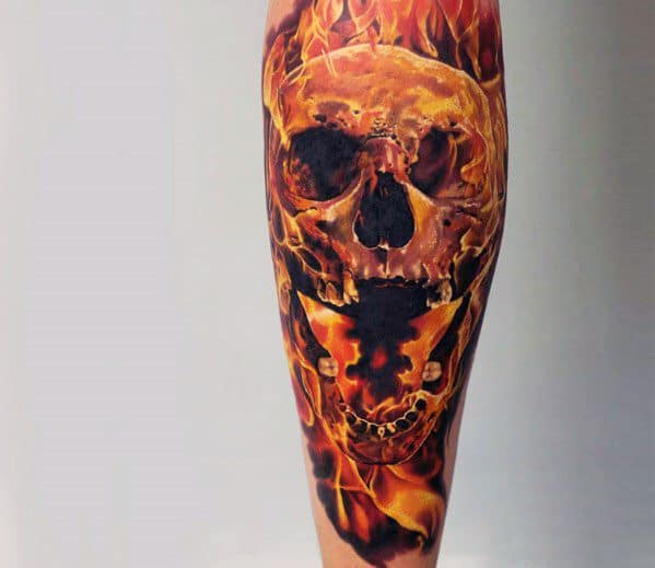 Guys Leg Sleeve Realistic Tattoos With Flaming Skull Design