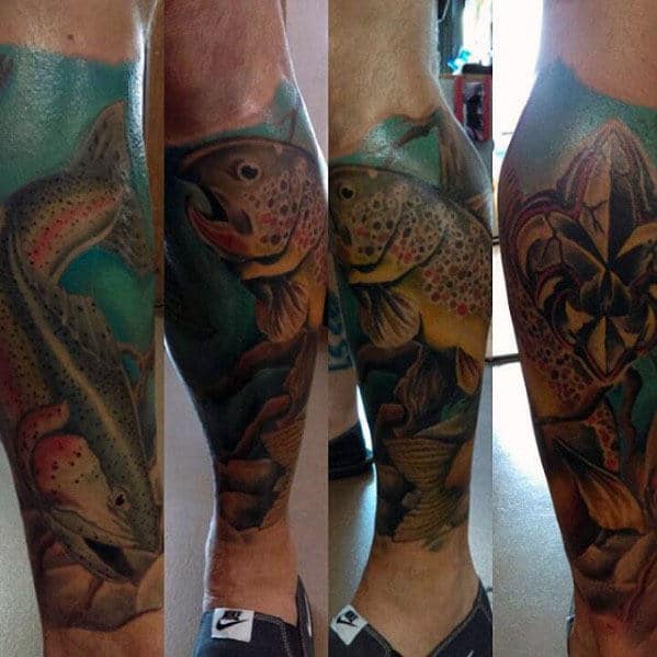 Guys Leg Sleeve Trout In Water Tattoo Design