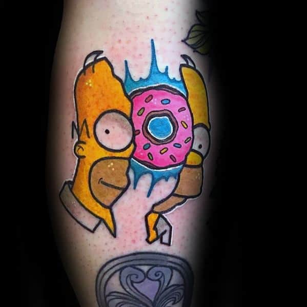 Guys Leg Tattoos With Homer Simpson Split In Half Doughnut Design