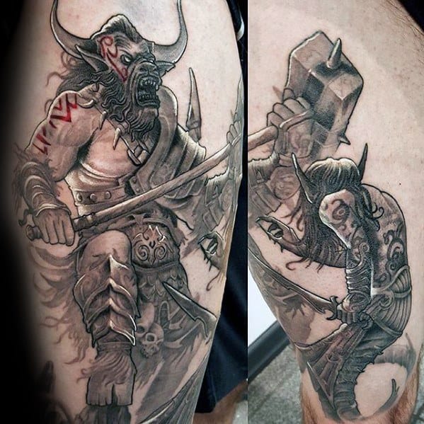 Guys Leg Thigh Minotaur Tattoo Design Ideas
