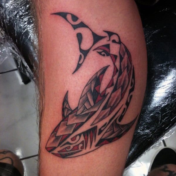 Guys Leg Tribal Shark Tattoo Ideas With Black And Red Ink