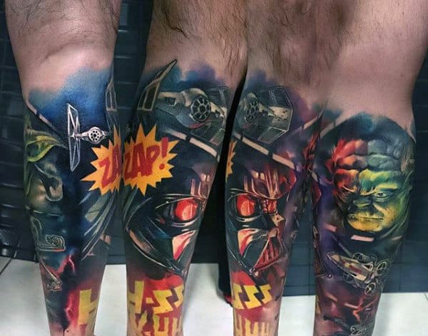 Guys Legs Colored Darth Vader Tattoo