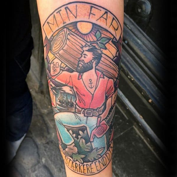 Guys Legs Dad Carrying Wooden Log Tattoo