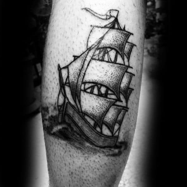 Guys Legs Dotwork Ship Tattoo