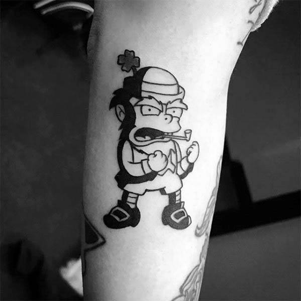 Blackwork tattoo of an angry cartoon-style leprechaun with clenched fists, pipe in mouth, and a shamrock on his hat.