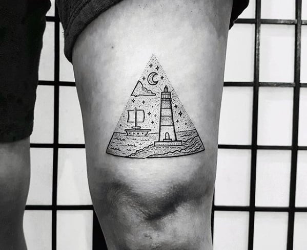 Guys Lighthouse Ocean Small Thigh Tattoo Designs