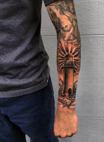Guys Lighthouse Ship Tattoo
