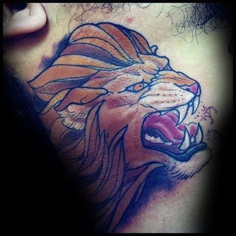 Bold lion neck tattoo with a fierce expression, featuring dynamic shading, sharp lines, and a vibrant color palette for a powerful look.