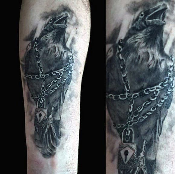 Guys Lock Around Black Crow Forearm Tattoos