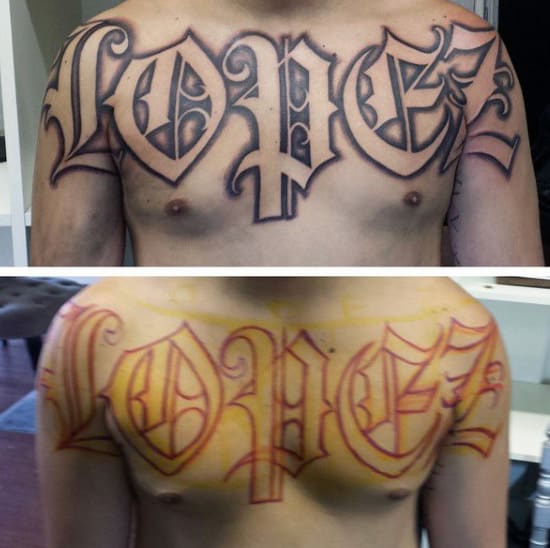 Guys Lopez Last Name Old English Font Upper Chest Tattoos
