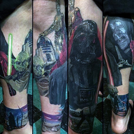 Guys Lower Legs Darth Vader Light Saber Tattoo