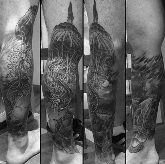 Guys Lower Legs Gray Jellyfish Tattoo