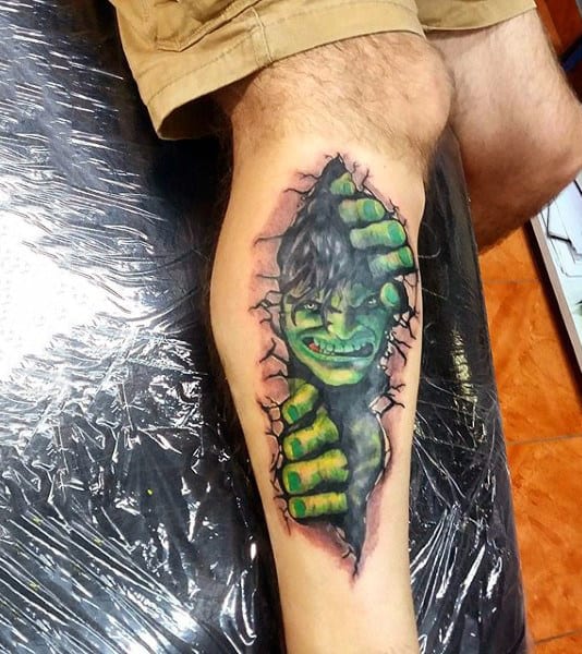 Guys Lower Legs Hulk Cracking Open Wall Tattoo