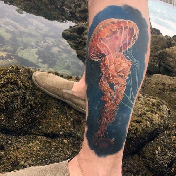 Guys Lower Legs Jellyfish Tattoo