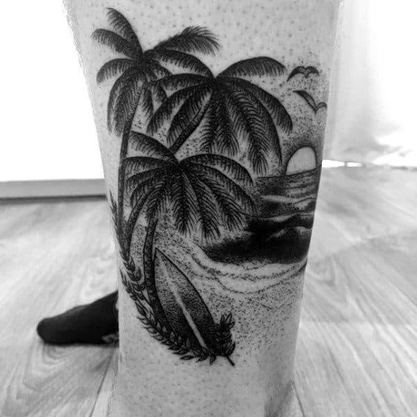 Guys Lower Legs Palm Trees Shore And Surf Tattoo