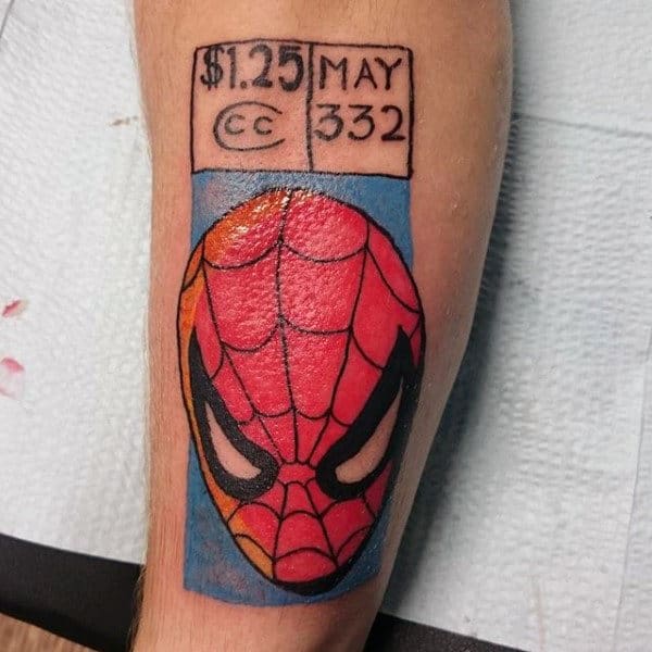 Guys Lower Legs Spiderman Tattoo