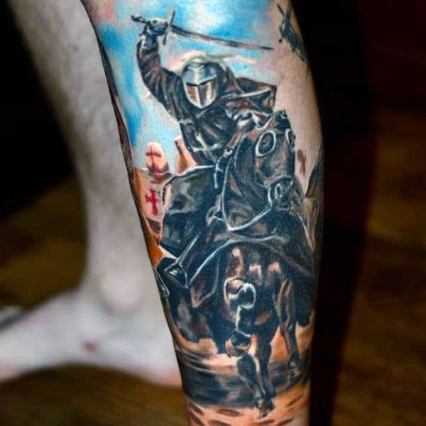 Guys Lower Legs Warrior On Horse Tattoos