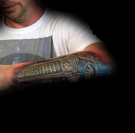 Guys Lowered Vintage Truck Outer Forearm Tattoo Design Ideas