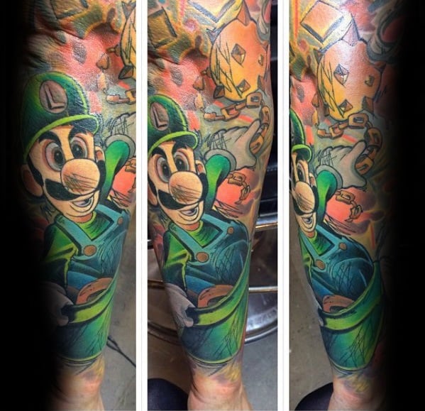 Highly detailed tattoo of Luigi with a haunted expression, surrounded by supernatural elements and glowing golden ghosts in a dynamic, full-leg design.