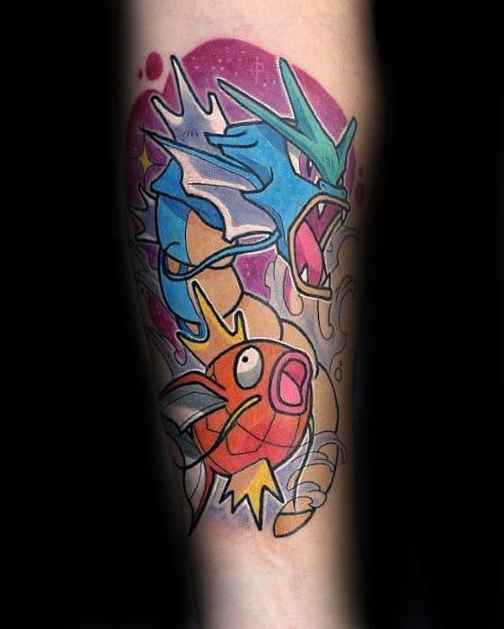 Vibrant tattoo of Magikarp and Gyarados with bold lines, purple background, and swirling water to show evolution and power.