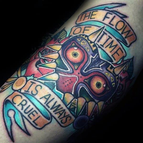 Guys Majoras Mask The Flow Of Time Is Always Cruel Banner Arm Tattoo Deisgns