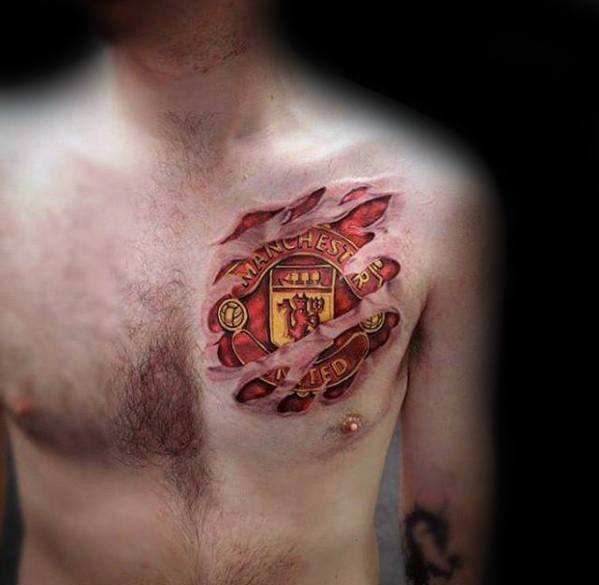 Guys Manchester United Ripped Skin Upper Chest 3d Tattoo Design Ideas