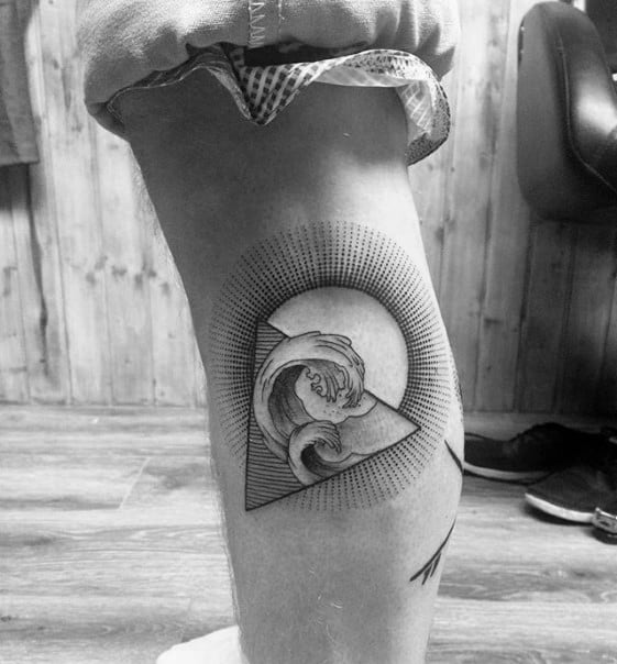 Guys Manly Small Ocean Waves With Triangle And Sun Side Of Leg Tattoo