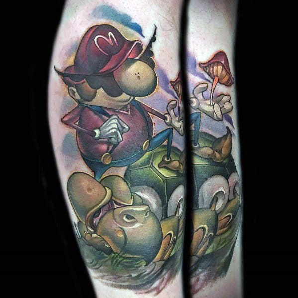 Dark surreal Mario tattoo featuring a unique, moody design with rich shading, mushrooms, and a mechanical Bullet Bill for a dramatic, artistic twist.
