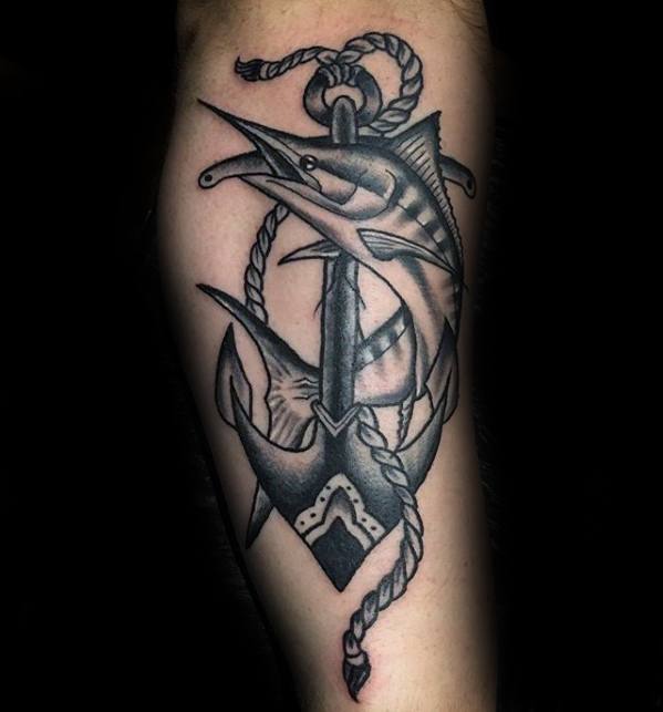Guys Marlin Fish With Anchor Traditional Leg Tattoo