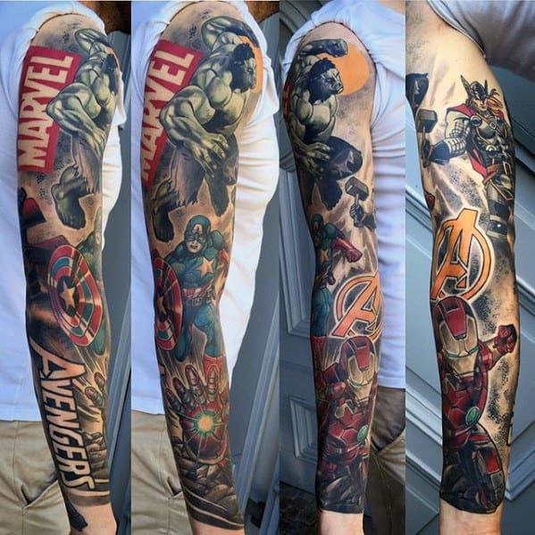 Guys Marvel Avengers Full Sleeve Tattoos
