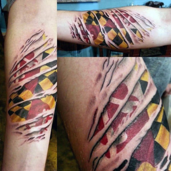 Maryland flag tattoo with a realistic torn skin effect, creating a 3D illusion of the flag beneath the surface for a bold and rugged look.