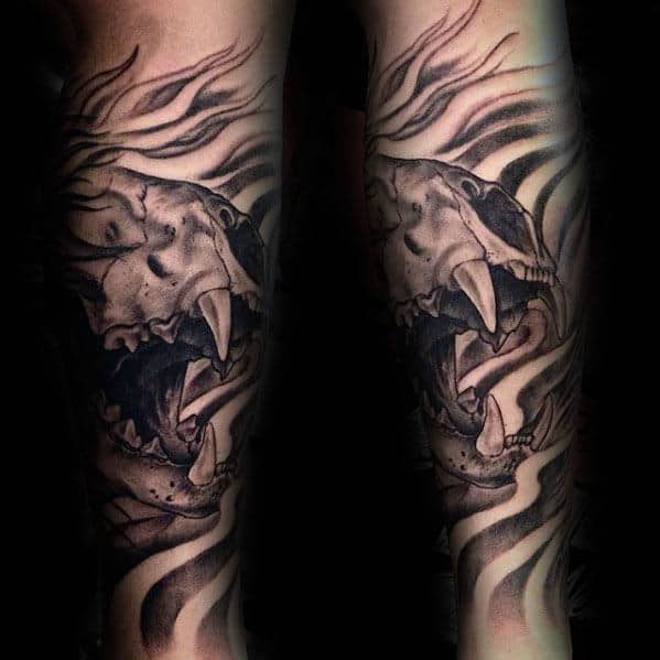 Guys Masculine Lion Skull Forearm Sleeve Tattoo Designs