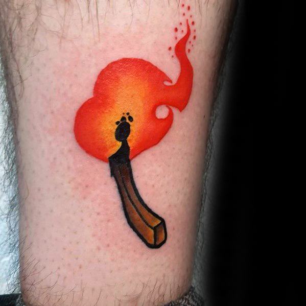 Vibrant burning match tattoo with bold red-orange flame, symbolizing passion, ignition, or the start of something powerful.