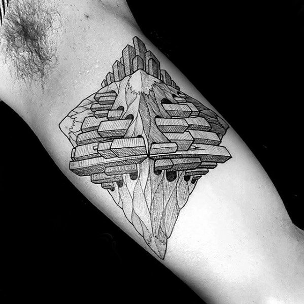 MC Escher-inspired tattoo of an impossible geometric mountain with mirrored staircases and surreal architectural symmetry.