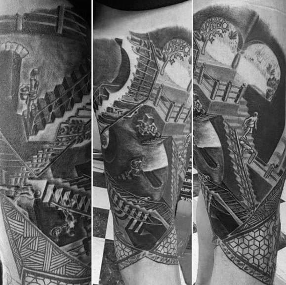 Tattoo sleeve inspired by MC Escher’s surreal worlds, featuring endless staircases, shifting perspectives, and looping architectural paths.
