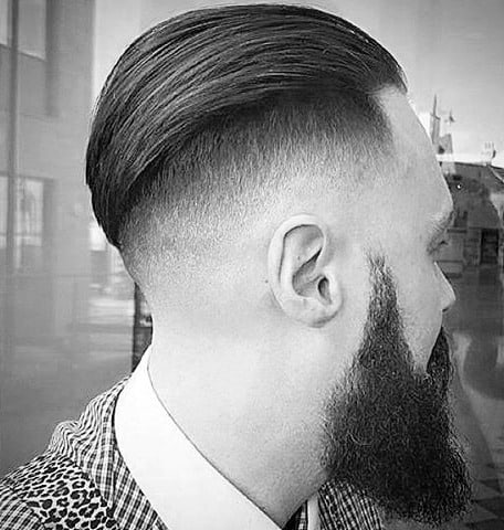 Guys Medium Length Skin Fade Hair Slicked Back