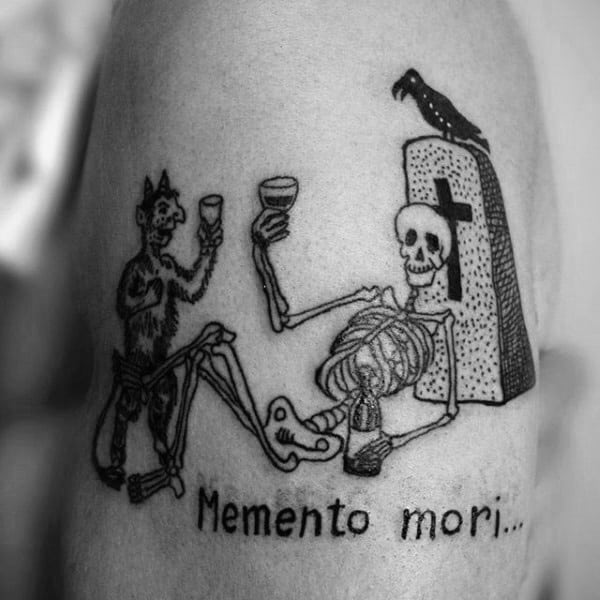 Guys Memento Mori Upper Arm Graveyard Scene Tattoo